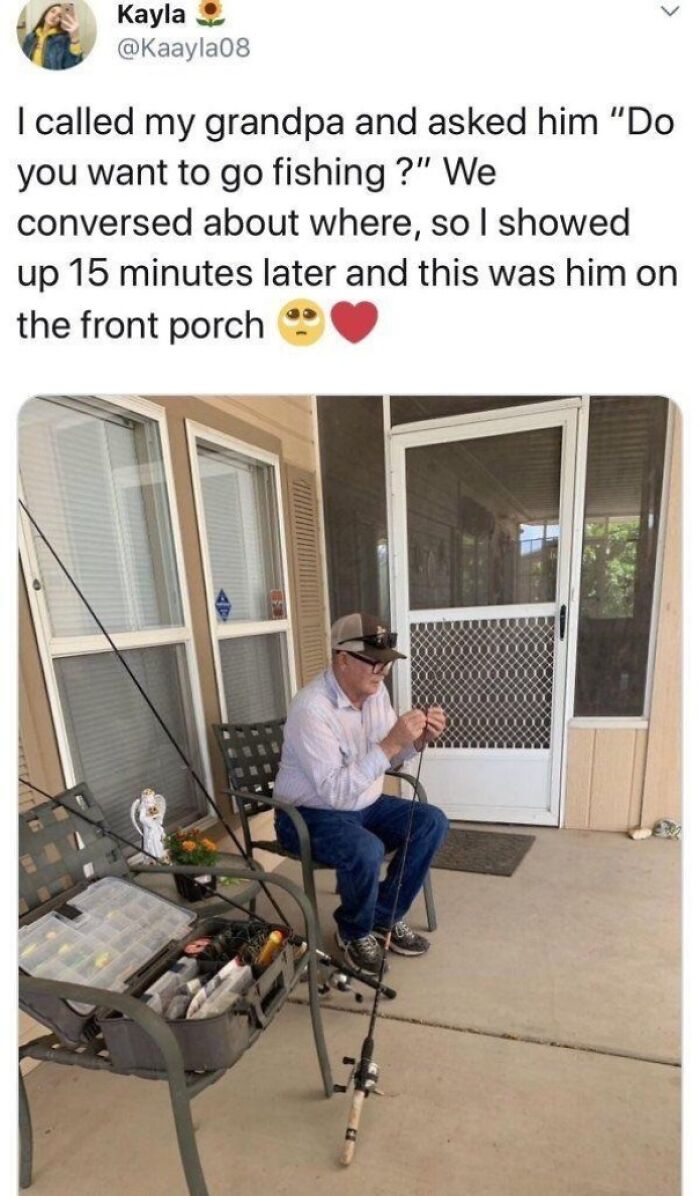 Elderly man sitting on front porch preparing fishing rod, capturing simple moments of the beauty of planet earth.