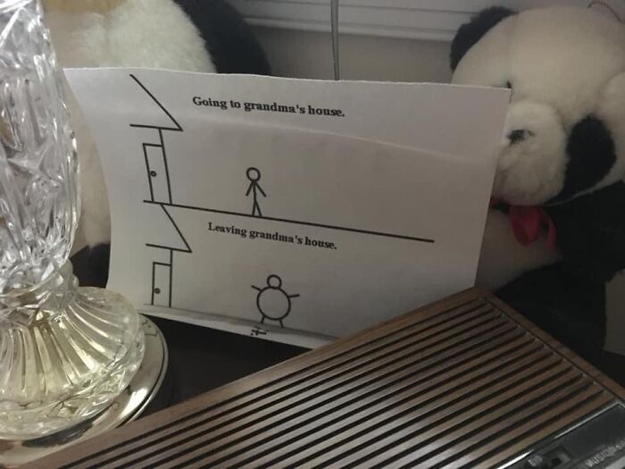 Paper with simple stick figure drawings showing going to and leaving grandma's house, placed near a lamp and a panda plush, showcasing the beauty of planet Earth.