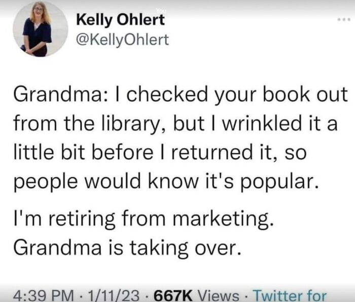 Tweet text about grandma wrinkling a library book to show its popularity, highlighting the beauty of Planet Earth humorously.