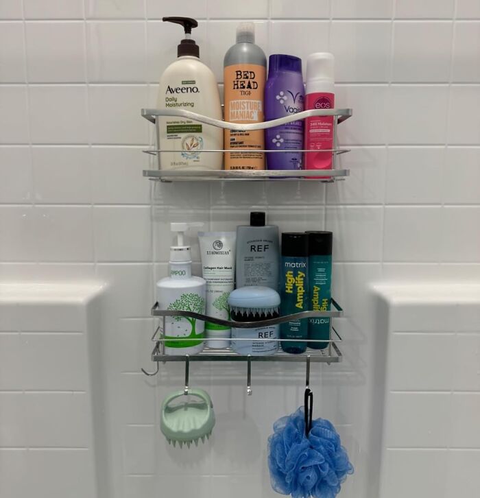 Bathroom shower caddy neatly organizing toiletries as a sneaky way to hide the ugliest eyesores in your home.