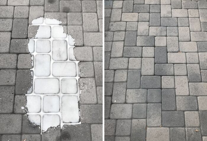 Before and after images showing a sneaky way to hide the ugliest eyesores in your home with matching floor patching.