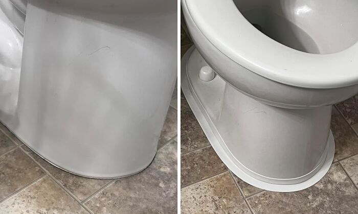Close-up views of a toilet base on tiled floor demonstrating sneaky ways to hide the ugliest eyesores in your home.