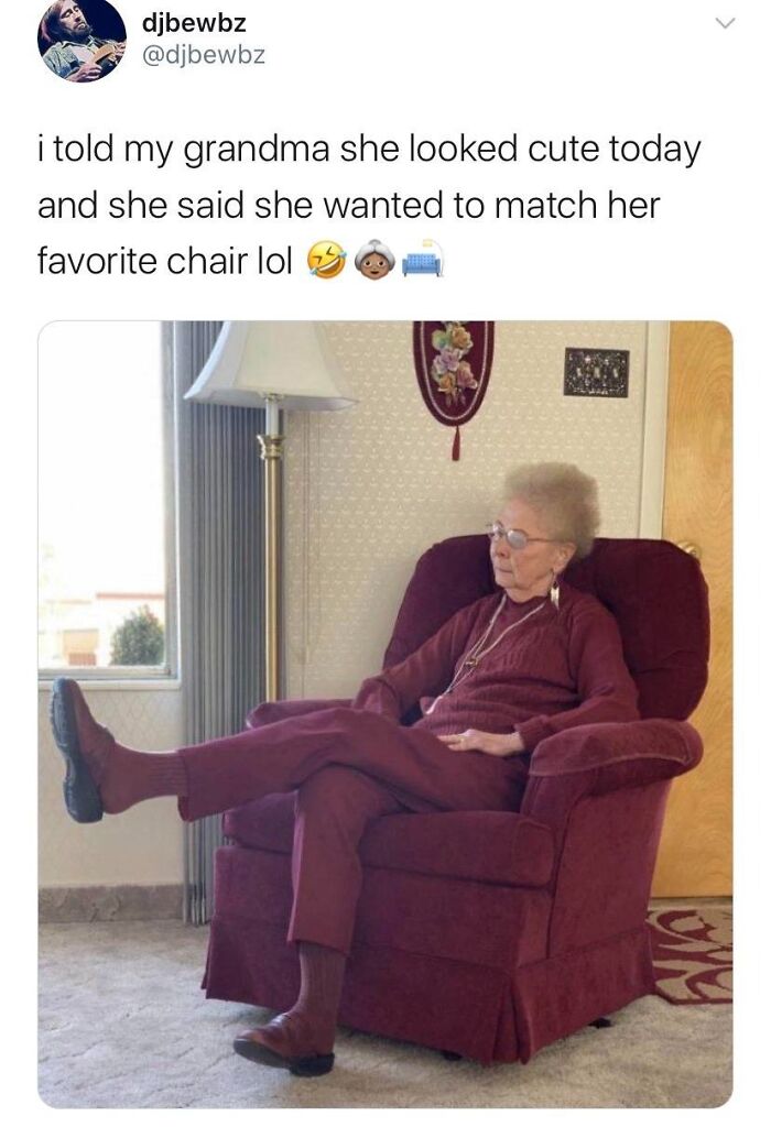 Elderly woman dressed to match her favorite chair sitting in a cozy living room showcasing the beauty of planet earth.
