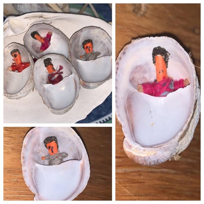 Miniature handmade figures inside seashells, showcasing the beauty of planet Earth through creative natural art.