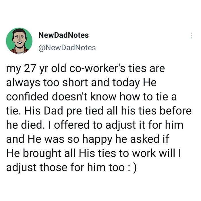 Text post screenshot showing a story about a co-worker needing help with ties, highlighting kindness in the beauty of planet earth.