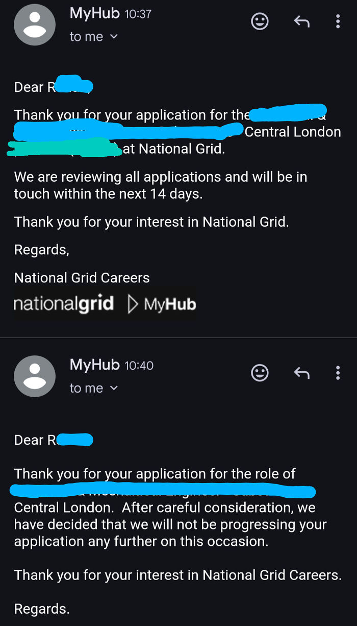 Screenshot of brutal job rejection emails from National Grid Careers that left the applicant baffled and confused for days.