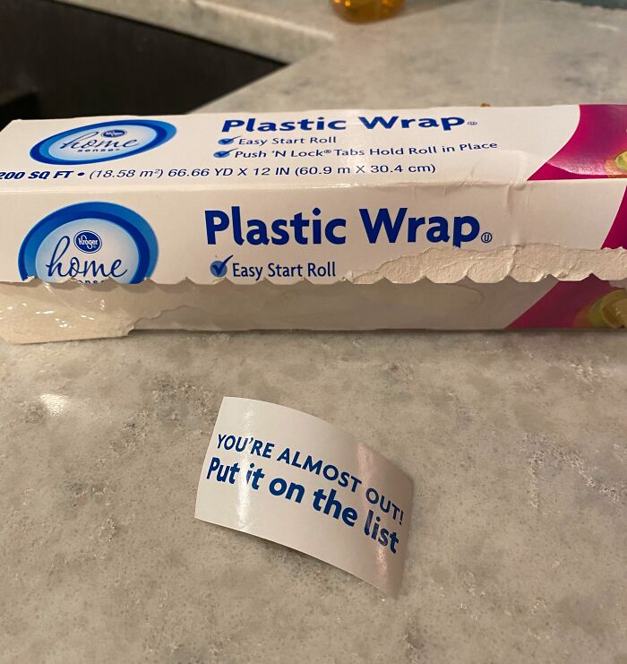 Plastic wrap box with easy start roll and a reminder sticker to put it on the shopping list for overlooked kitchen problems.