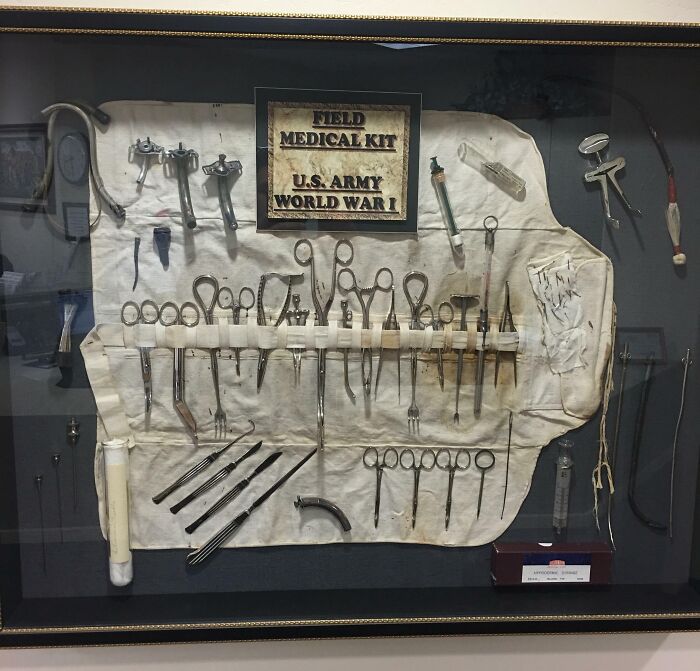 World War I field medical kit displaying vintage surgical tools in a historical medical photo collection.