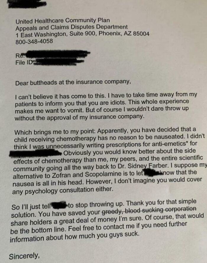 Letter from doctor criticizing insurance company on chemotherapy side effects, showcasing raw medical photos with disturbing impact.