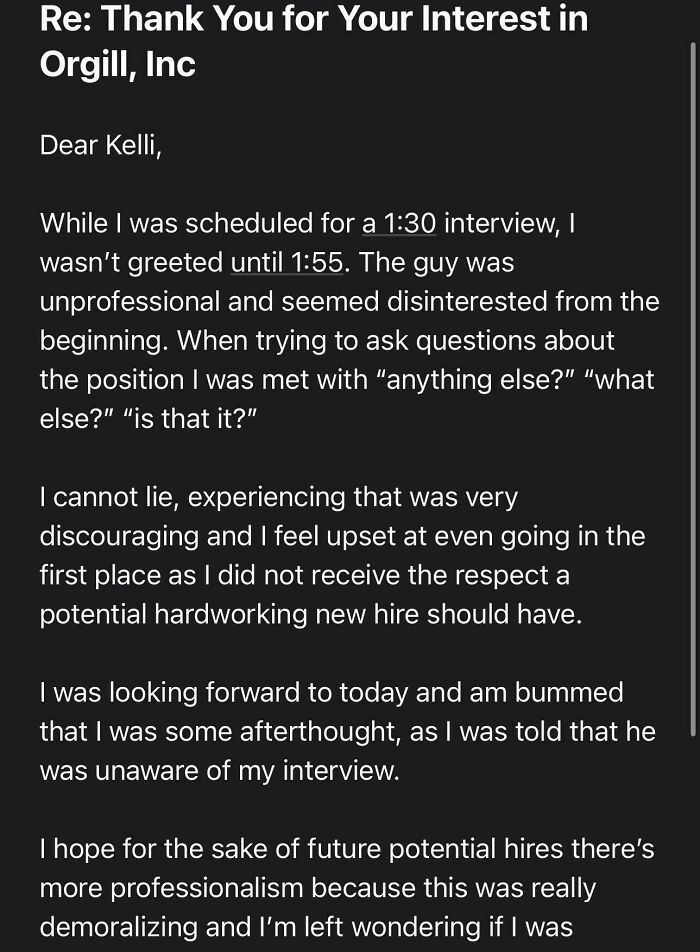 Screenshot of a brutal rejection email describing an unprofessional and discouraging job interview experience.