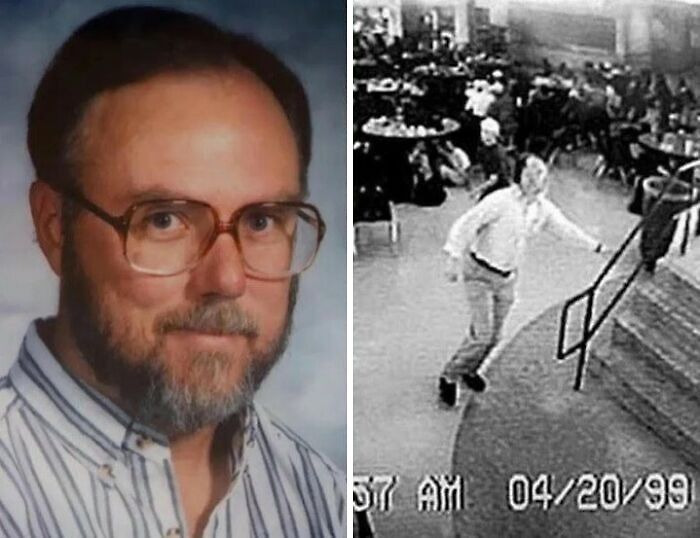 Portrait of a man with glasses and beard next to a vintage security footage showing a person walking upstairs, interesting facts.