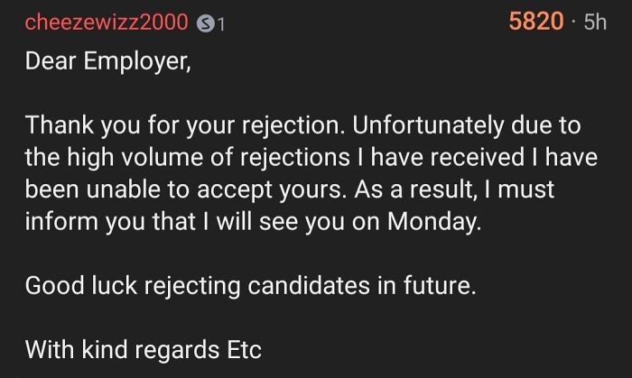 Text message showing a humorous brutal rejection response from a job candidate to an employer.