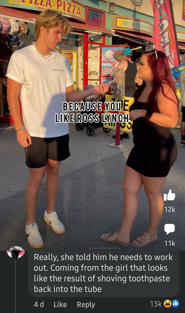 Young man facing woman outdoors with caption about brutal rejections that left people baffled, casual setting near shops.