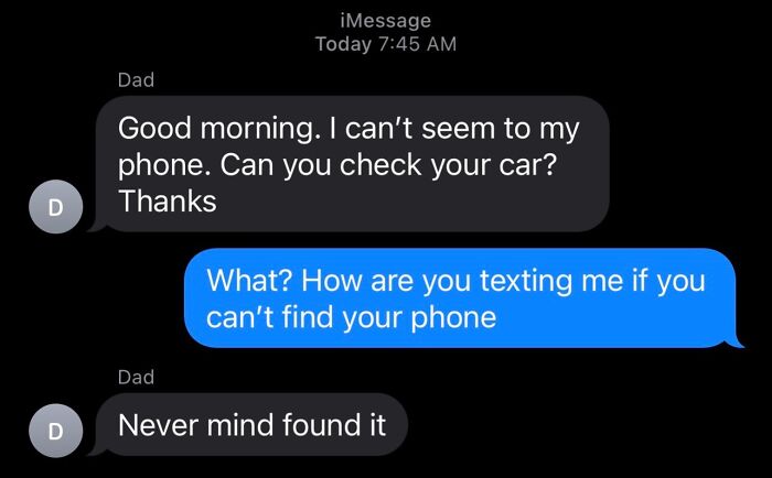 Text conversation showing a dad humorously asking to check the car for his phone then admitting he found it, showcasing hilarious dads.