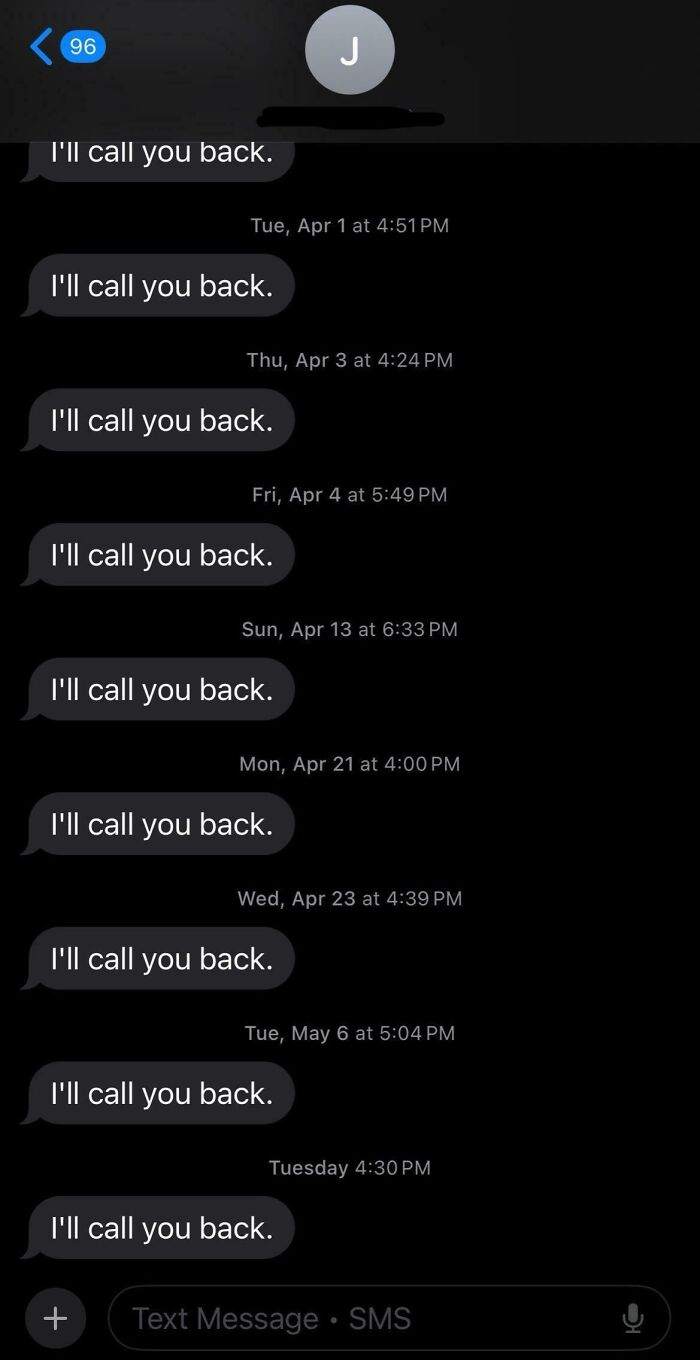 Text message conversation showing repeated funny dad replies saying I'll call you back over several weeks.