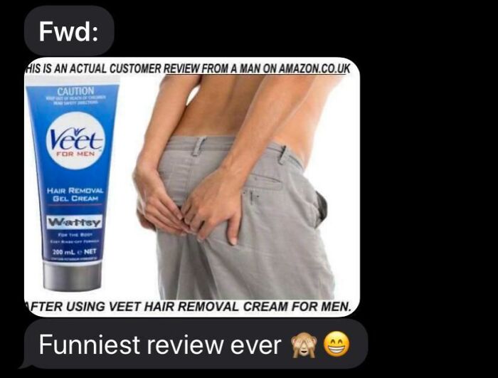 Man using Veet hair removal cream for men, humorously showing the unexpected results, capturing hilarious dad moments.