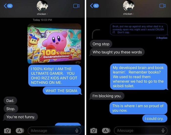 Text message conversation showing a dad jokingly claiming to be the ultimate gamer, showcasing hilarious dad humor.