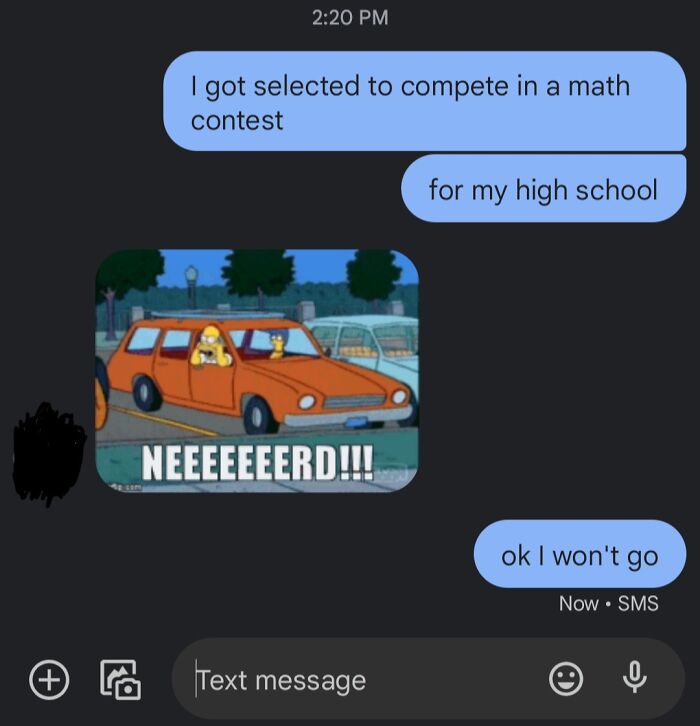 Text conversation showing a dad humorously calling his child a nerd after they say they were selected for a math contest.