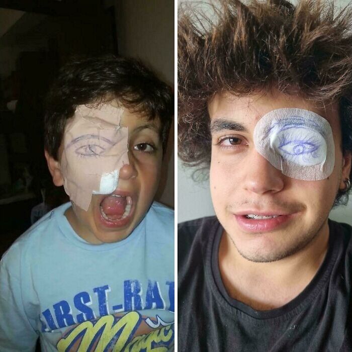Young boy and man with eye patches featuring drawn eyes, showing hilarious dads nailing fatherhood with creative care.