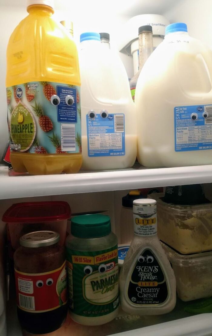 Fridge items with googly eyes added for humor, showcasing hilarious dads nailing fatherhood with fun creativity.