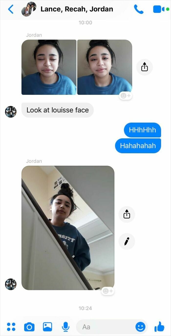 Text conversation with funny photos of a young woman, showcasing hilarious dads nailing fatherhood moments.