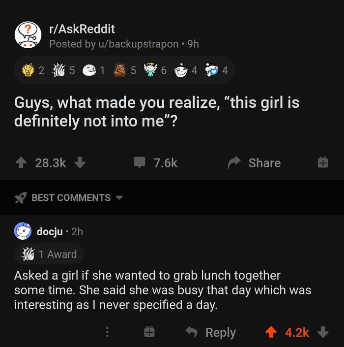 Screenshot of a Reddit post discussing brutal rejections that left people baffled with a top comment about a vague lunch invite refusal.