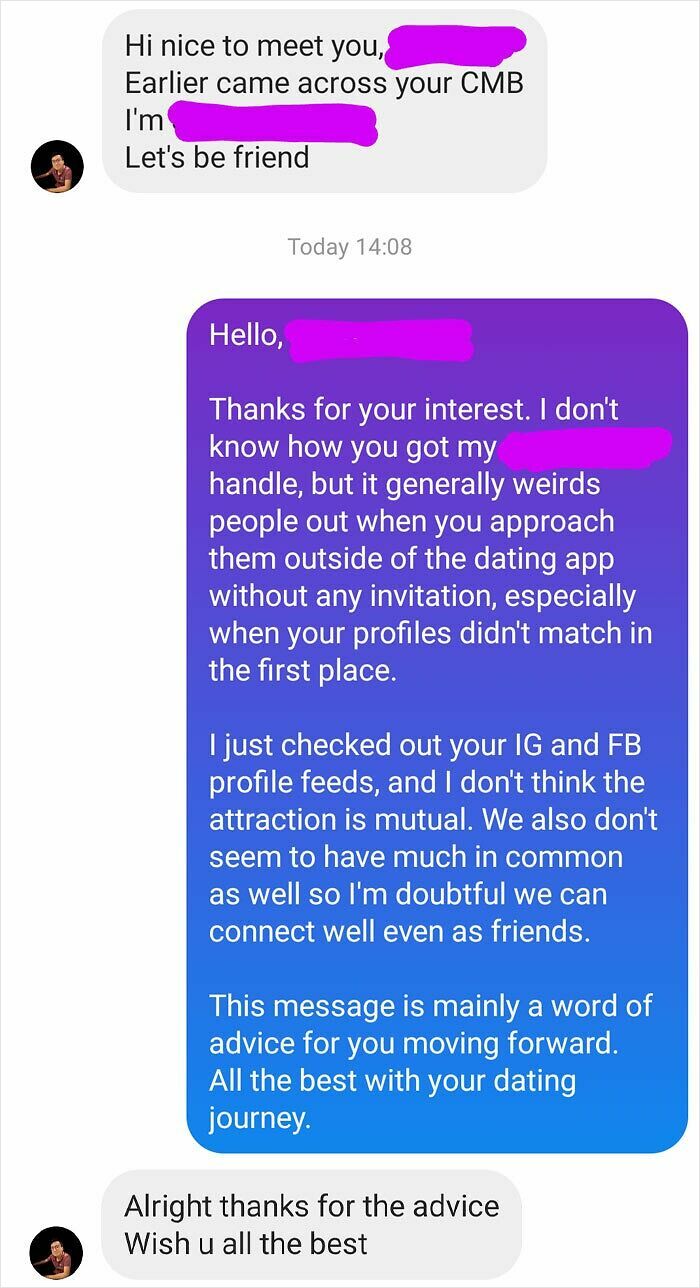 Text message showing a brutal rejection that left the person baffled over an unwanted approach outside a dating app.