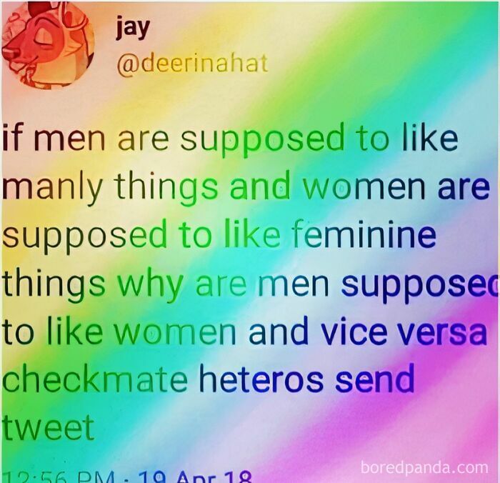 Tweet with rainbow background questioning gender stereotypes, featured in LGBTQ+ memes on an Instagram page.