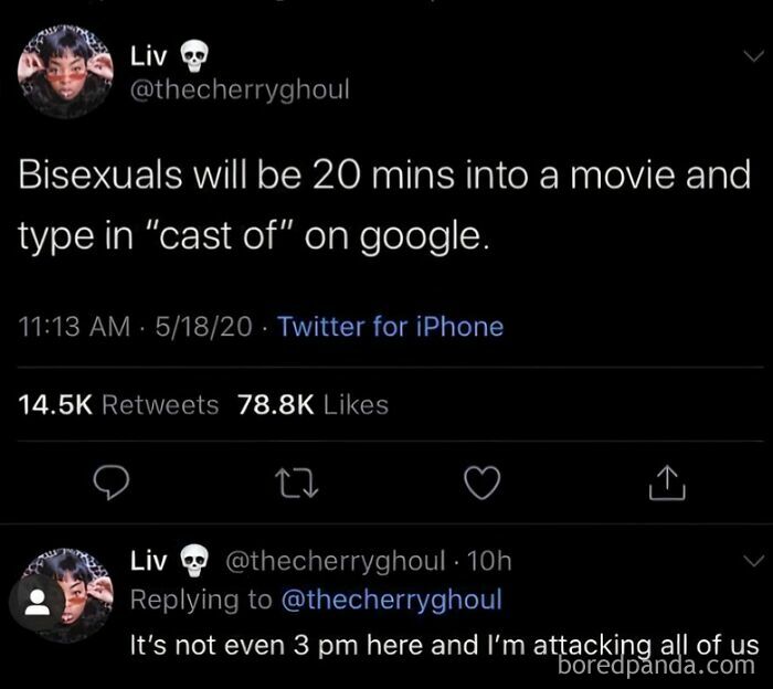 Tweet about bisexual habits during movies from an IG page dedicated to LGBTQ+ memes, showing high engagement on social media.