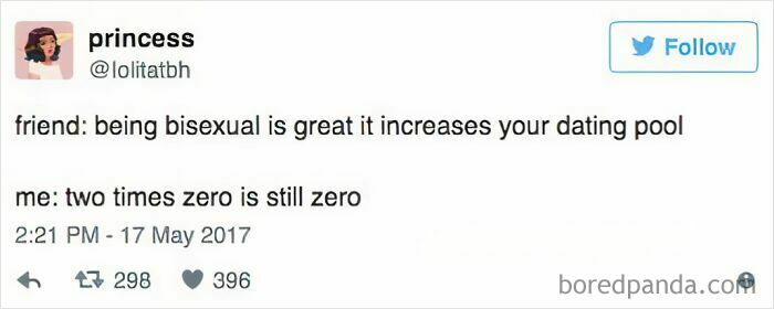 Tweet meme about bisexuality humor from an LGBTQ+ memes Instagram page, highlighting dating pool joke and engagement stats.