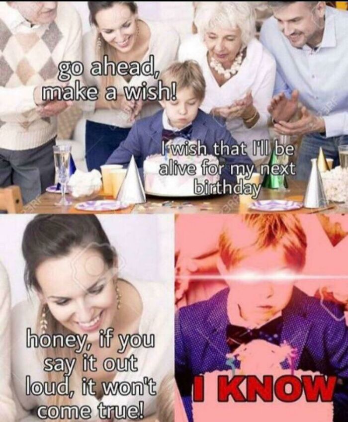 Child at birthday party making a wish, meme humor highlighting entitled parents with intense glowing eyes reaction.