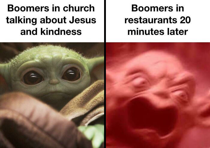 Baby Yoda looking calm and kind contrasted with a red, angry distorted face, highlighting entitled parents’ behavior meme.