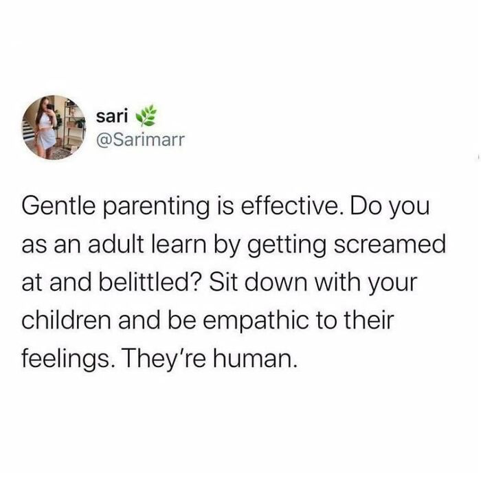 Meme about gentle parenting advice contrasting entitled parents, emphasizing empathy towards children's feelings.