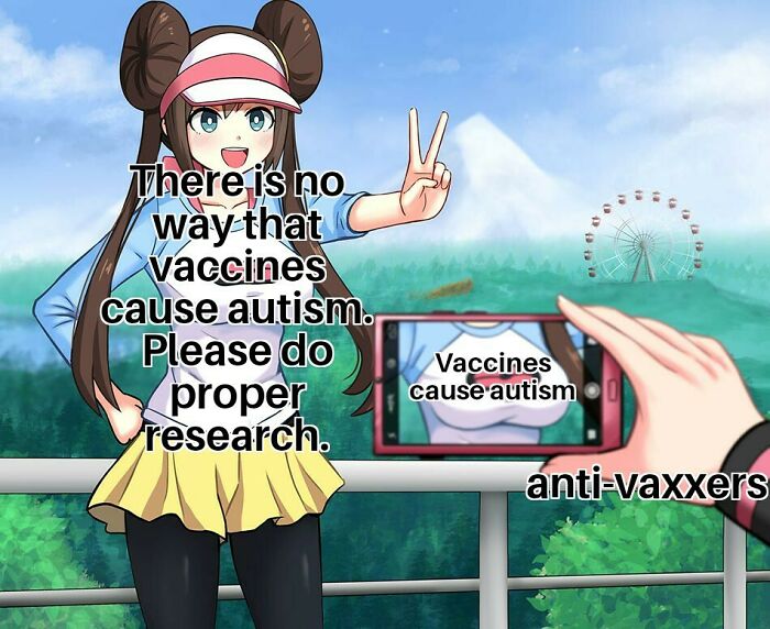 Anime character making a peace sign with meme text about vaccines, highlighting entitled parents in a humorous way.