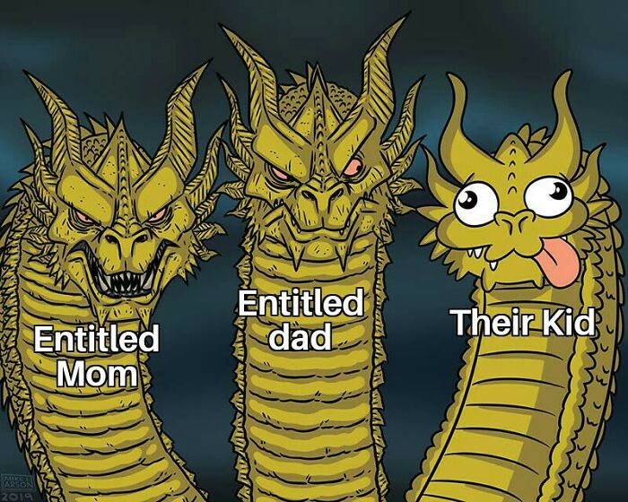 Three-headed dragon meme showing entitled parents and their kid with different facial expressions, representing entitled parents memes.