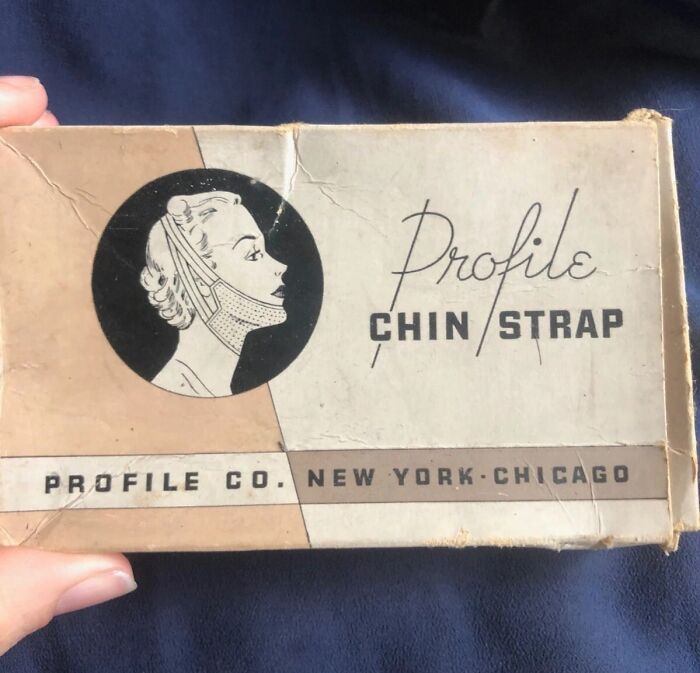 Vintage beauty gadget packaging for a profile chin strap from the 20s-40s resembling a t*****e device concept.
