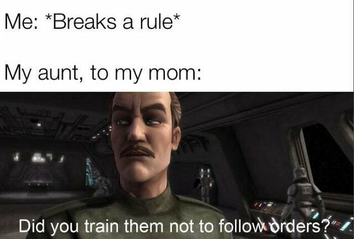 Animated character with mustache in military uniform asking if rules were taught, depicting entitled parents meme reaction.