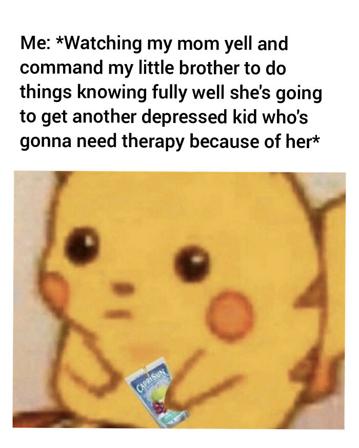 Sad Pikachu meme holding a juice box, reflecting on the impact of entitled parents on children's mental health.