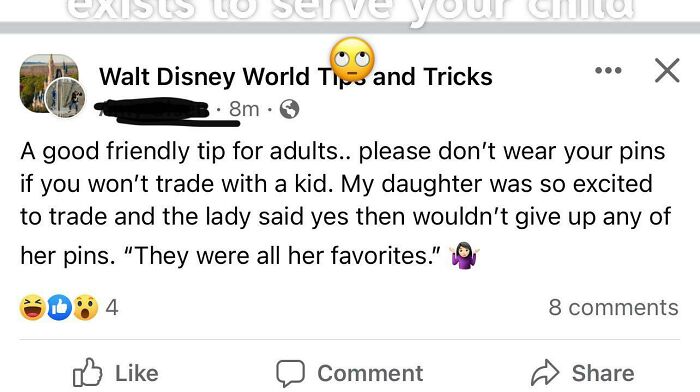 Facebook post sharing a meme about entitled parents refusing to trade pins with a child at Walt Disney World.