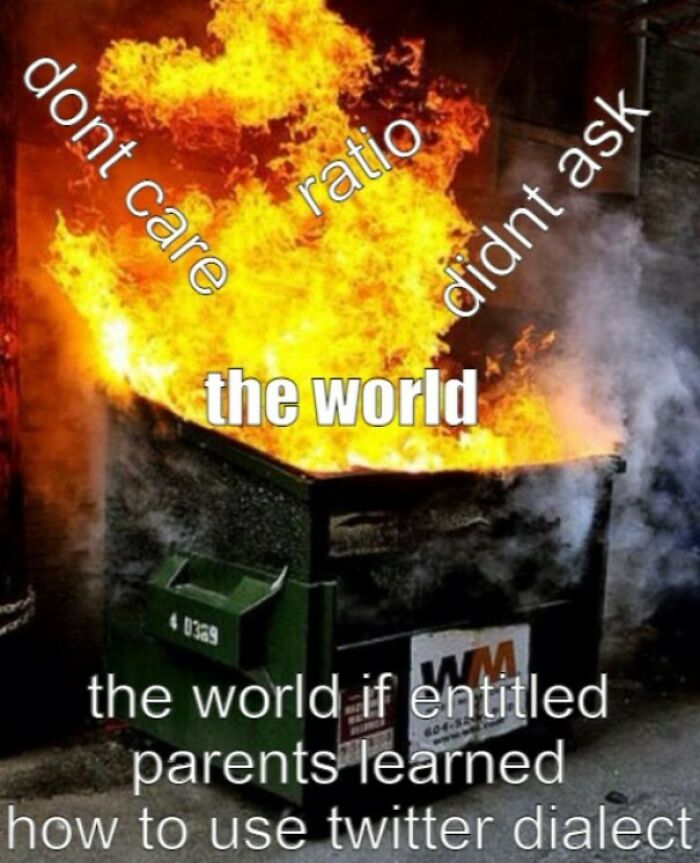 Dumpster fire with words don't care, ratio, and didn't ask over flames, depicting entitled parents using Twitter dialect.