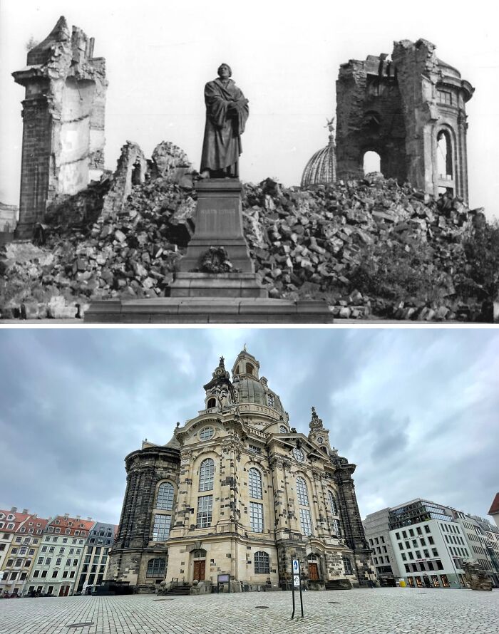 Historic building before and after restoration, showing architectural details and preservation of a once nearly lost structure.