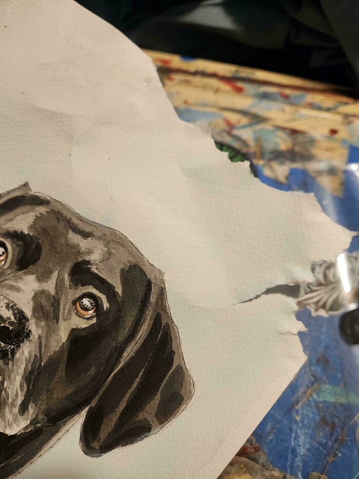 Watercolor painting of a black dog with torn paper edges, showcasing one of the chaotic pets being a menace.