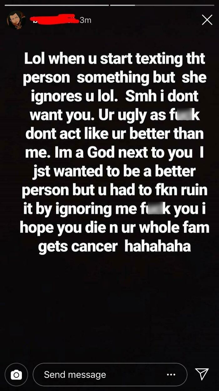 Screenshot of a harsh and brutal rejection message full of anger and insults, showing baffling rejection behavior.