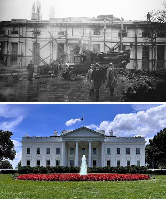 Historic building under restoration with workers and a vintage truck, showing preservation of important architecture.