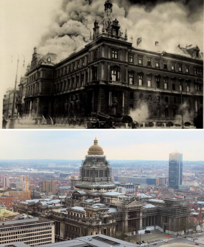 Historic building engulfed in smoke during fire contrasted with the same restored historic building under renovation today.
