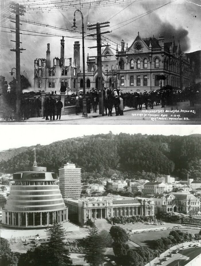 Historic buildings in two black and white photos showing a fire-damaged structure and a preserved cityscape with iconic architecture.
