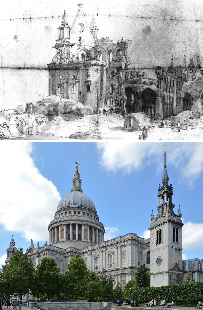 Historic buildings shown in a before and after view, highlighting preservation and restoration efforts saved from near loss.