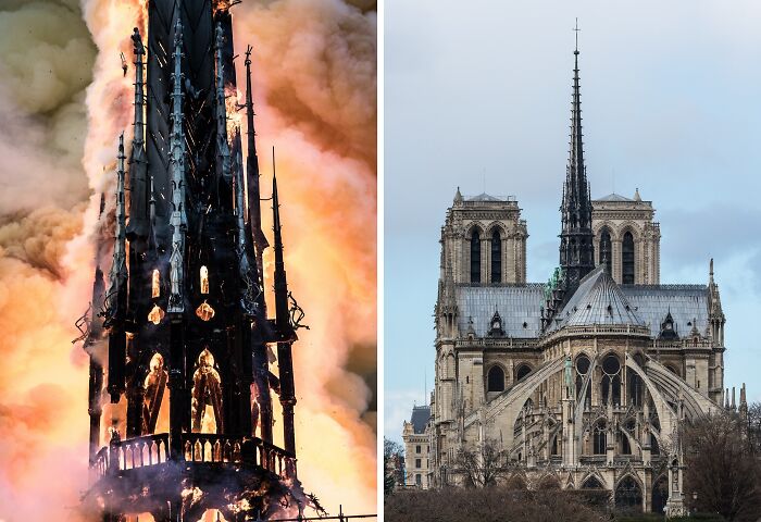 Burning historic building spire engulfed in flames and the same restored historic building shown intact after preservation efforts.