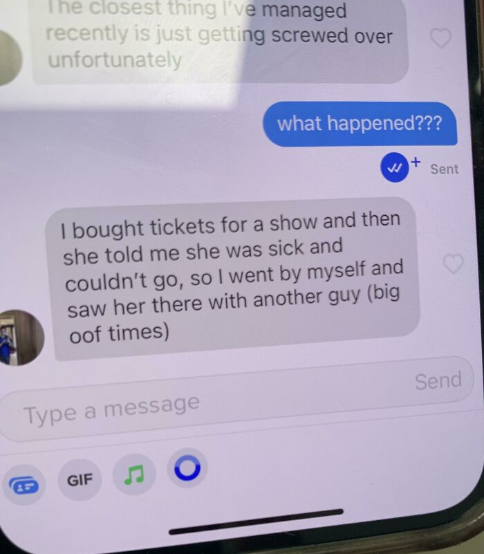 Text message screenshot showing a brutal rejection where someone was stood up and saw their date with another guy.