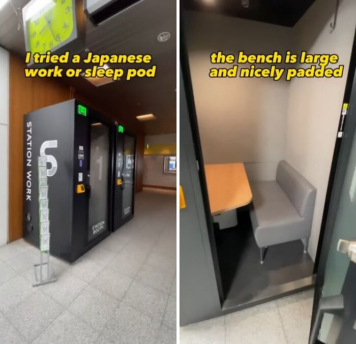 Japanese work or sleep pod with large padded bench showcasing small genius country innovations the world needs immediately
